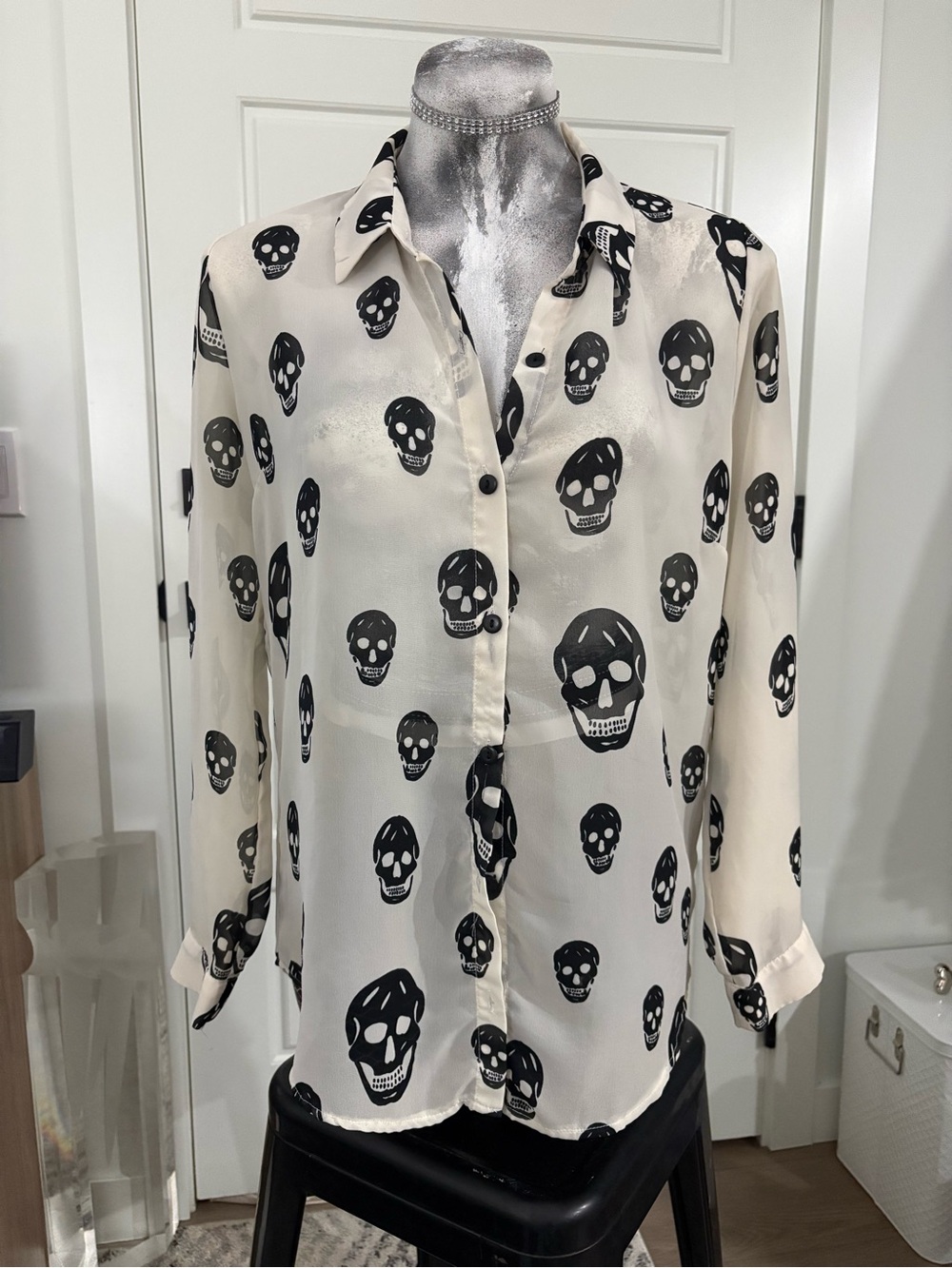 Ivory Skull-Print Button-Up Blouse